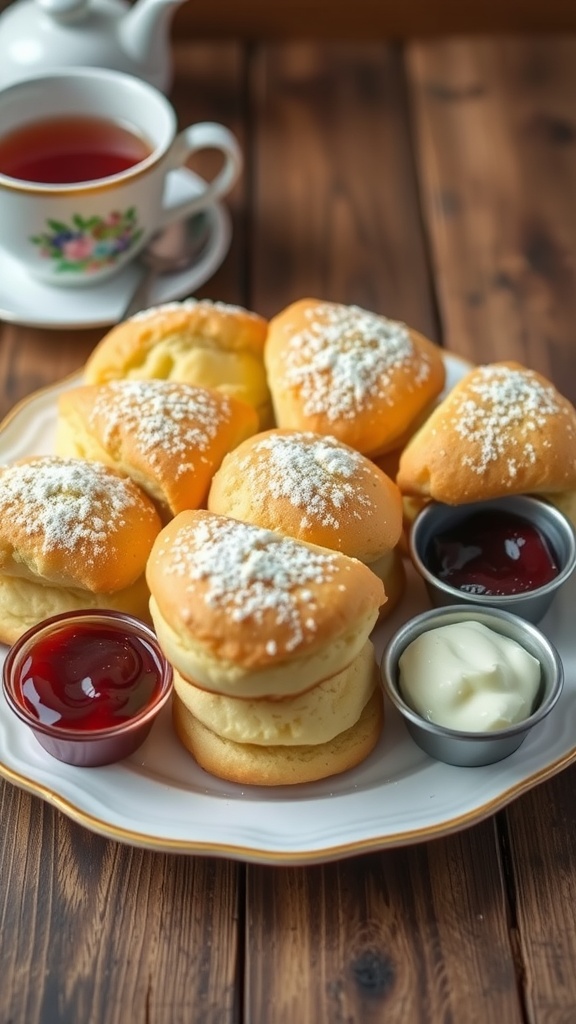 Freshly baked air fryer scones on a plate with jam and tea, golden and fluffy.